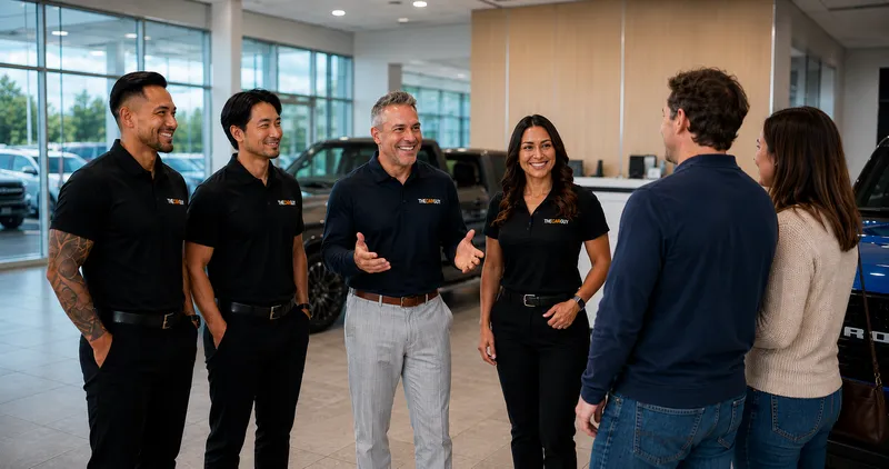 Four dealership team members in matching uniforms speak with two customers in a bright modern showroom.